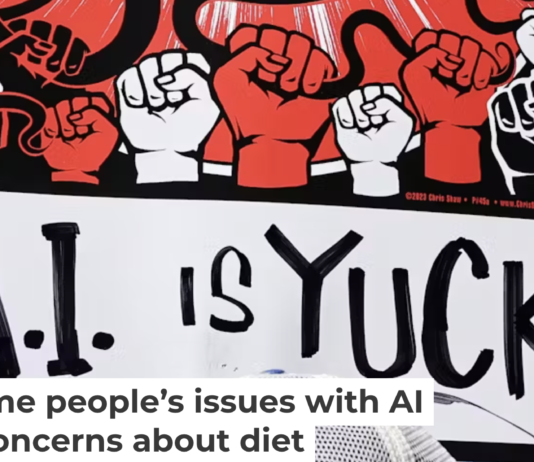 Ethical concerns – like the mistreatment of content creators decried by this protester – drive both veganism and resistance to using AI. Mario Tama/Getty Images